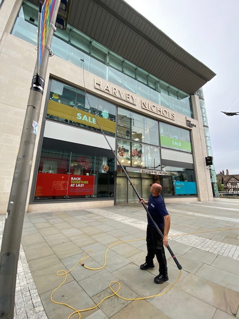 Reach and Wash cleaning for shop fronts, example here is Harvey Nichols in Manchester